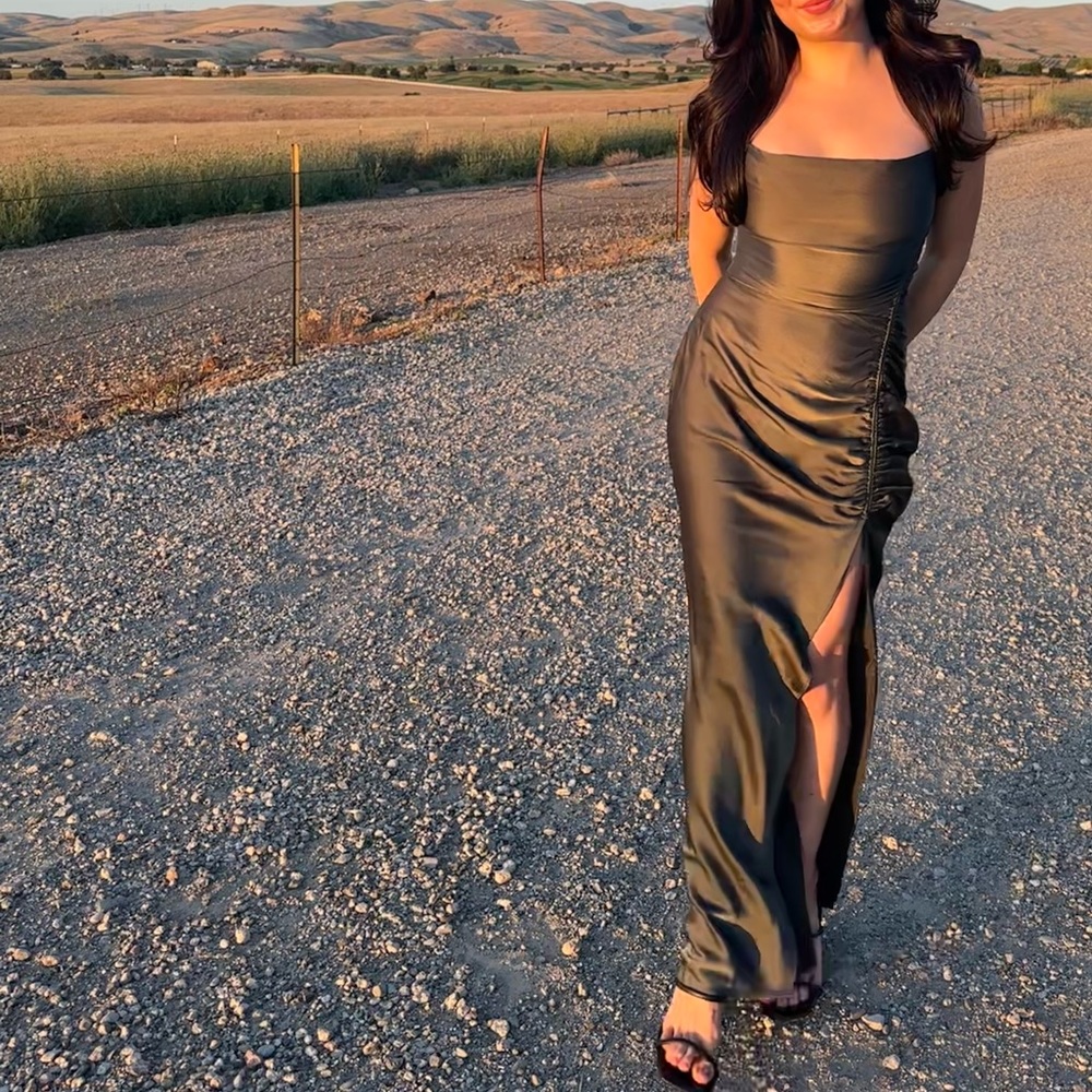 Anthropologie BHLDN Jennings Cowl-Neck Ruched Side-Slit Satin Dress DRY CLEANED